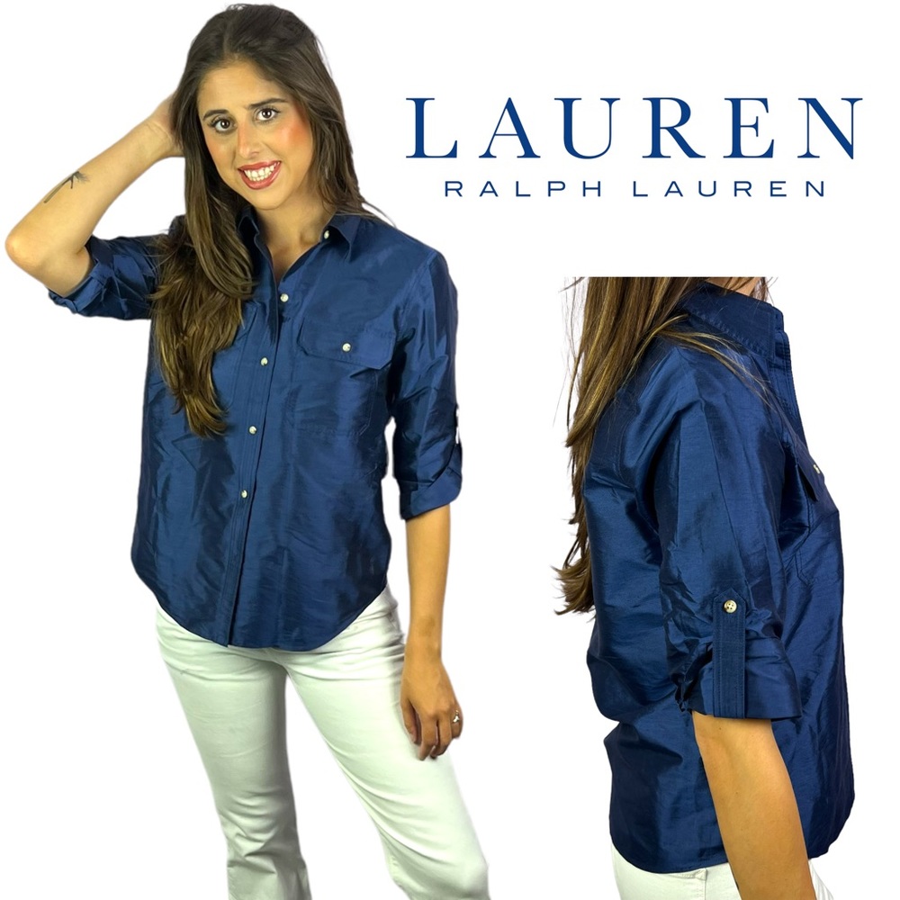 Lauren Ralph Lauren Exclusive 100% Silk Metallic Blue Button Down SMALL